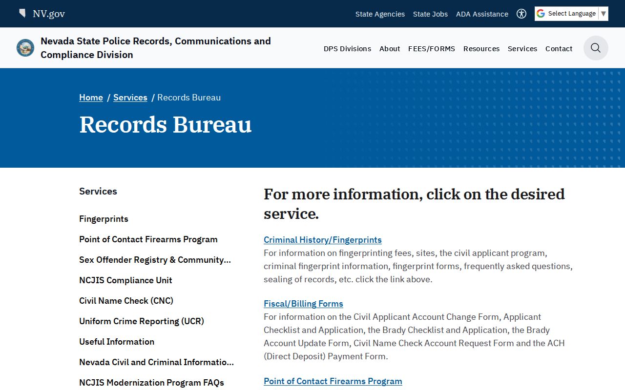 Esmeralda County criminal history Nevada Records Bureau