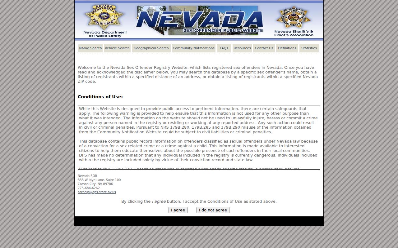Nevada sex offender registry conditions and lawful-use page