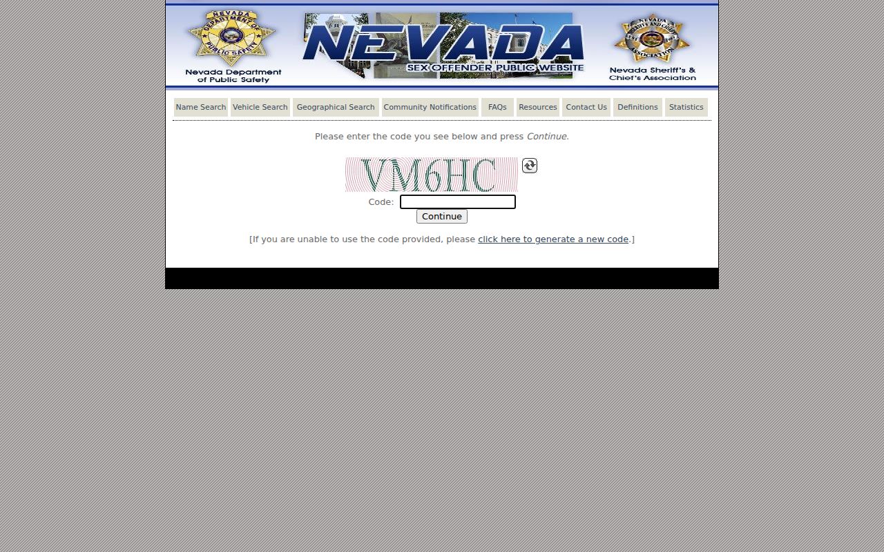 Nevada Public Sex Offender Registry CAPTCHA search entry