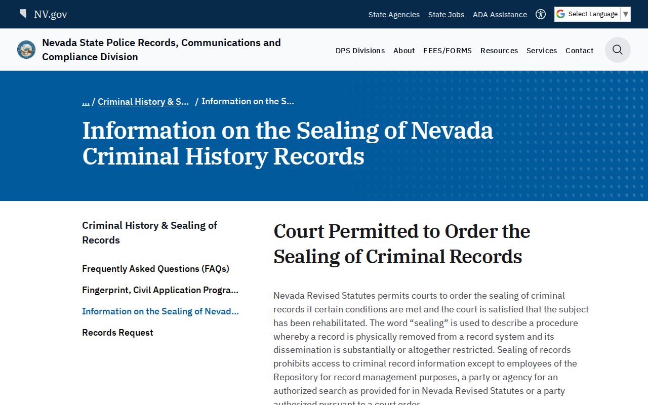 Silver Peak criminal history and Nevada record sealing information